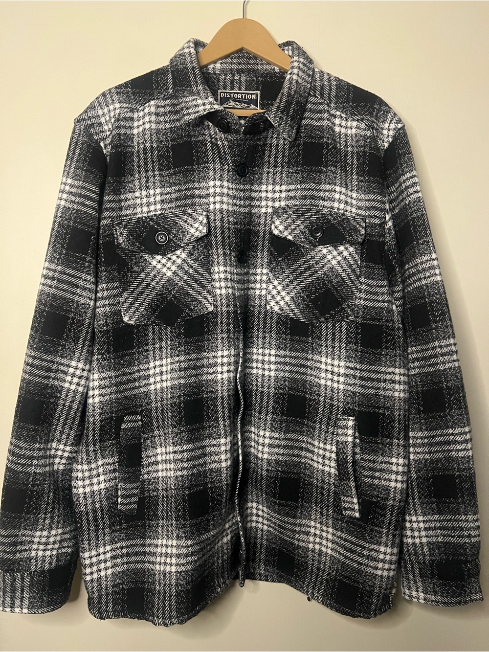 Distortion Black White Plaid Wool Flannel Jacket Shacket Size XL